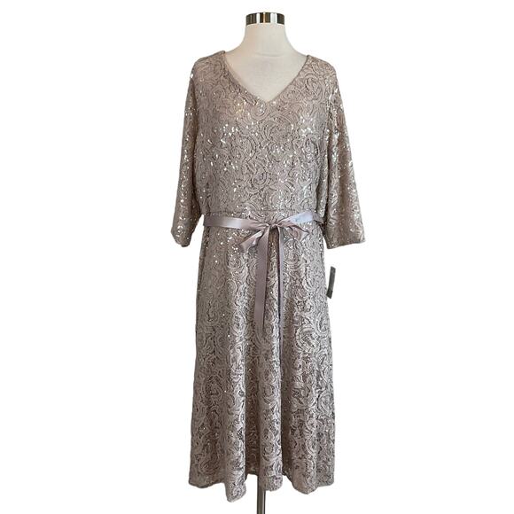 Alex Evenings Sequined Lace Cocktail Dress Size 24W Taupe Belted Fit and Flare - Picture 1 of 11